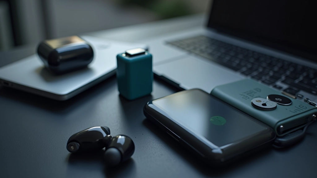 Dažādi iekārtas ar litija jonu baterijām: viedtālrunis, portatīvais dators, bezvadu austiņas un USB power banka uz tumša fona