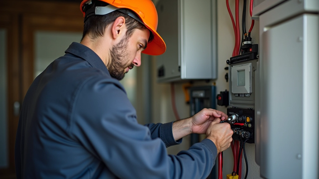 Profesionāls elektriķis instalējis bateriju vadības sistēmu mājā, tīkli un kabeļi rūpīgi organizēti, drošības aprīkojums redzams