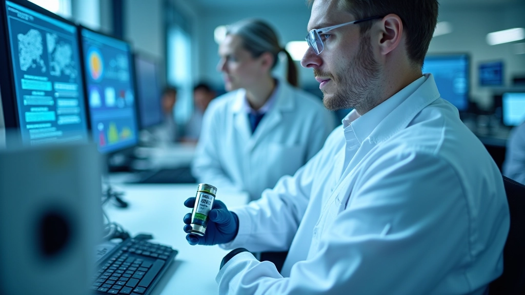 Modernā laboratorijas vide ar cietvielu baterijas prototipu, zinātniski aparāti, blakus uzrādītas diagrammas par enerģijas blīvumu