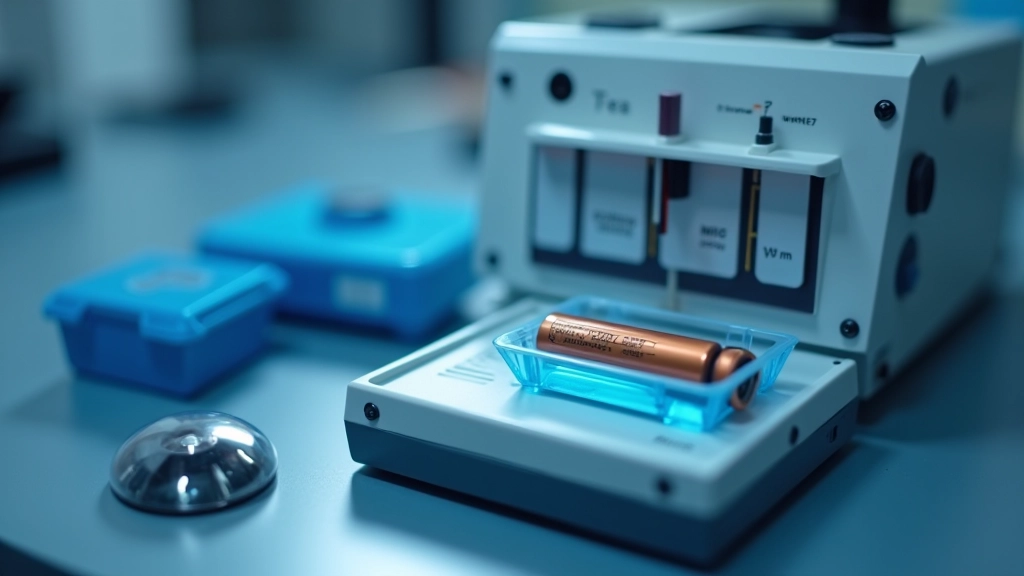 Laboratorijas pārbaudes aprīkojums ar litija jonu bateriju paraugu uz elektroniskā mērīšanas iekārtas